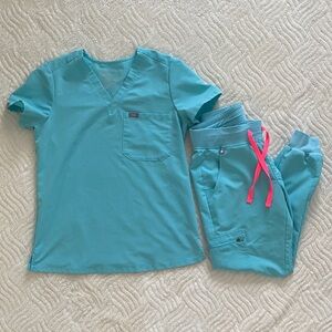 Figs Neon Blue Scrub Set with Coral Accents
